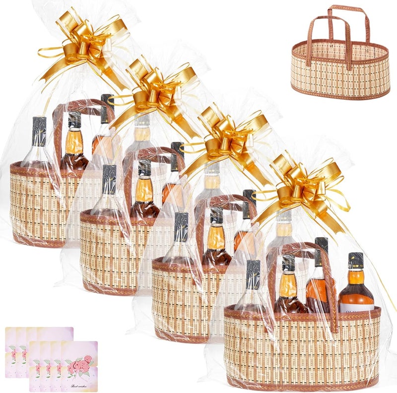 Wenceda 4 Set Baskets for Gifts Empty, Large Gift Empty Bamboo Basket with Handles, Foldable Woven Gift Basket with Wrap Bag/Card/Bow, Sturdy Gift Baskets for Baby Baptisms, Birthday, Christmas, Housewarming - Image 1